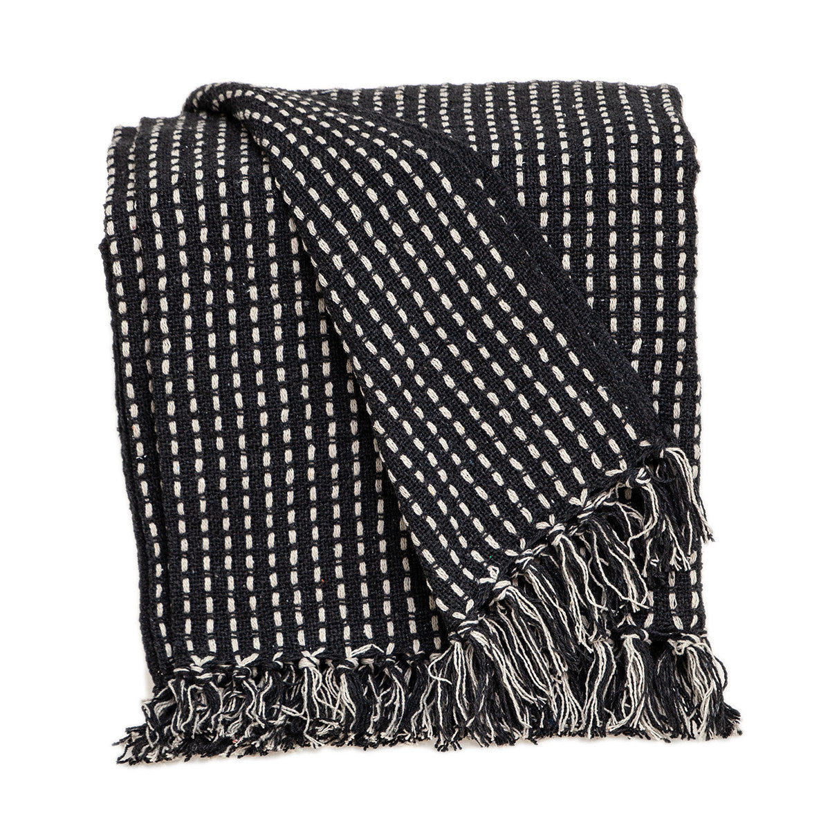 52" X 67" Black and White Woven Cotton Striped Throw Blanket with Tassels-Throws & Blankets-DECOROLALA
