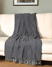 52" X 67" Black and White Woven Cotton Striped Throw Blanket with Tassels-Throws & Blankets-DECOROLALA