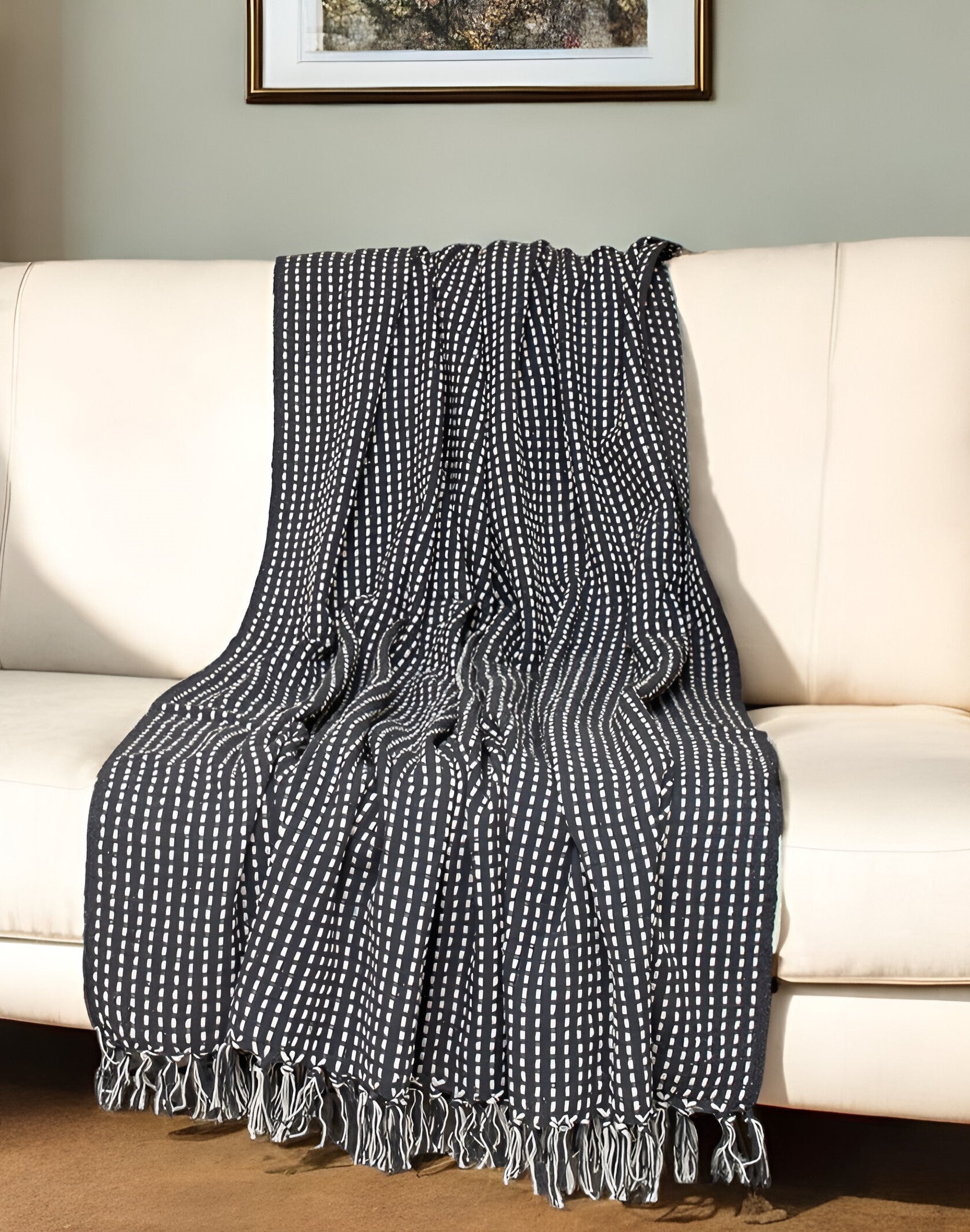 52" X 67" Black and White Woven Cotton Striped Throw Blanket with Tassels-Throws & Blankets-DECOROLALA