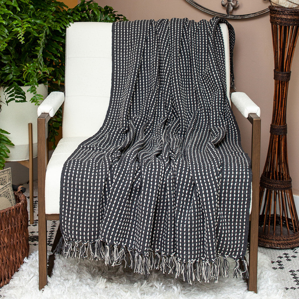 52" X 67" Black and White Woven Cotton Striped Throw Blanket with Tassels-Throws & Blankets-DECOROLALA