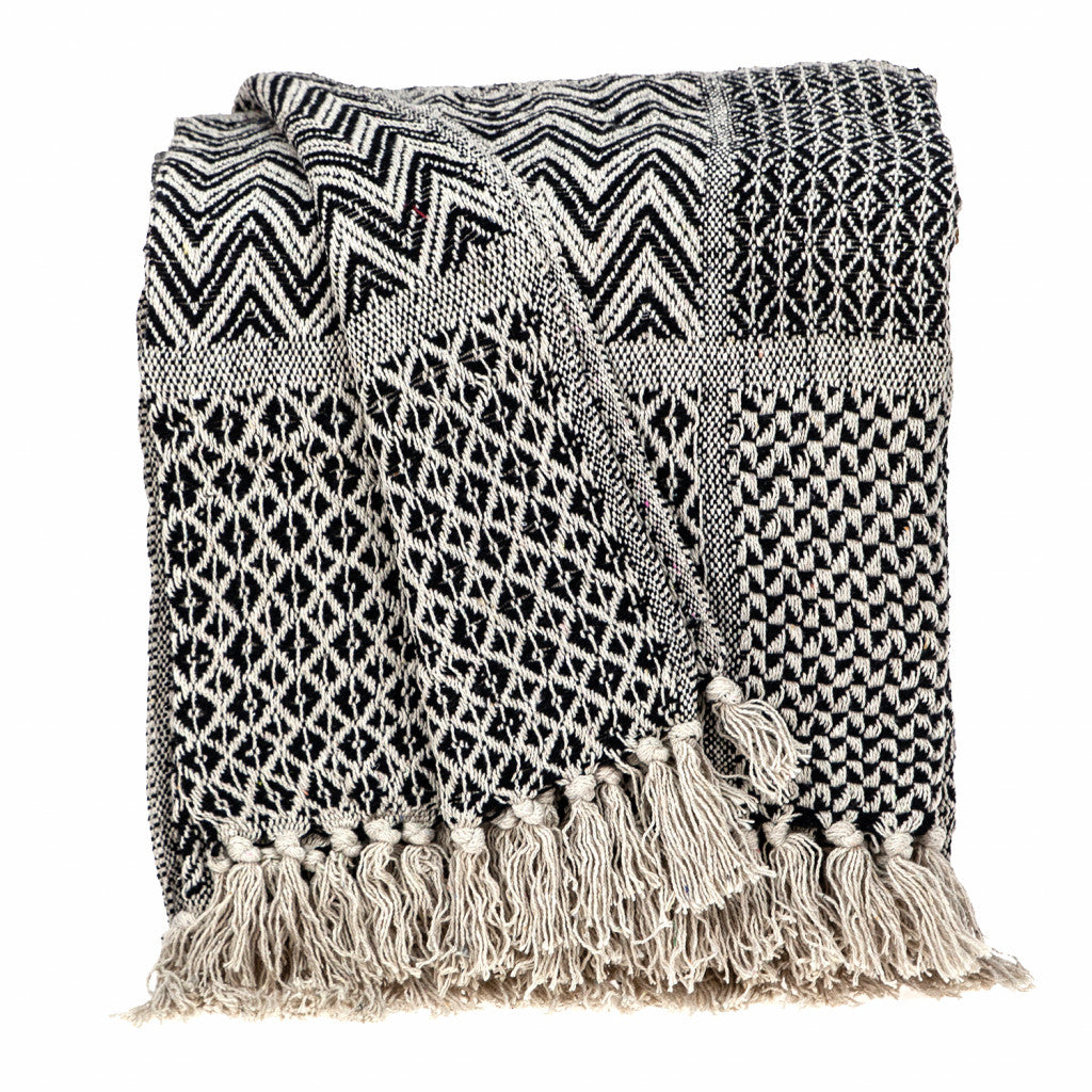 52" X 67" Beige and Black Quilted Cotton Abstract Throw Blanket-Throws & Blankets-DECOROLALA