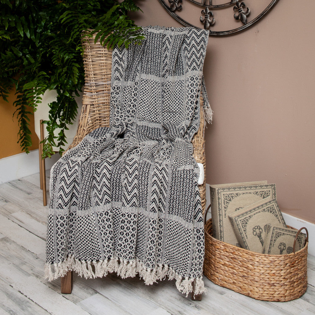 52" X 67" Beige and Black Quilted Cotton Abstract Throw Blanket-Throws & Blankets-DECOROLALA