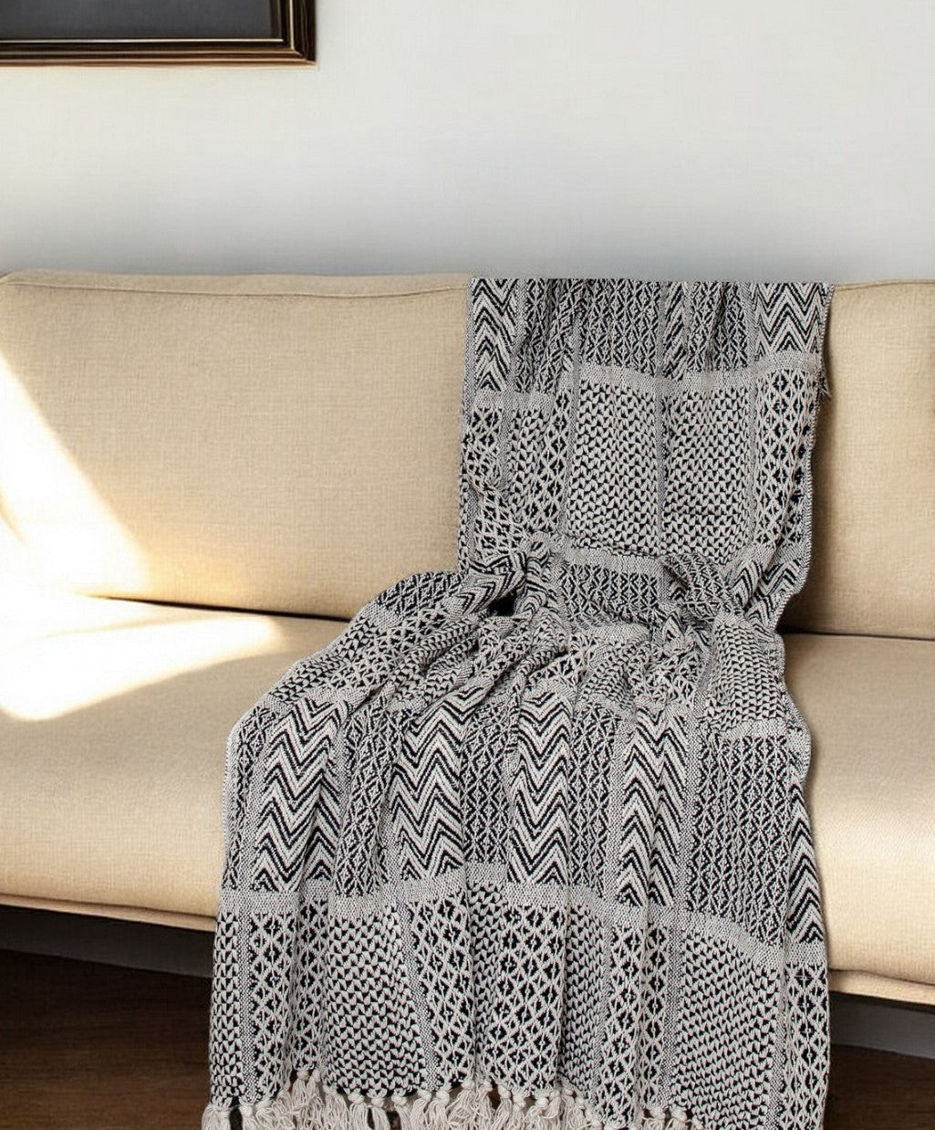 52" X 67" Beige and Black Quilted Cotton Abstract Throw Blanket-Throws & Blankets-DECOROLALA