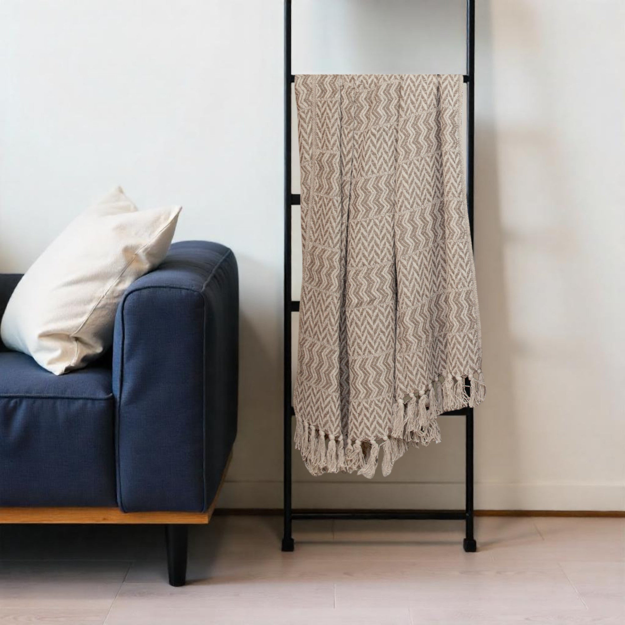 Multi Beige Herringbone Woven Handloom Throw-Throws & Blankets-DECOROLALA