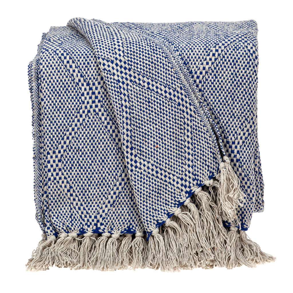 Blue and Beige Woven Handloom Throw with Tassels-Throws & Blankets-DECOROLALA