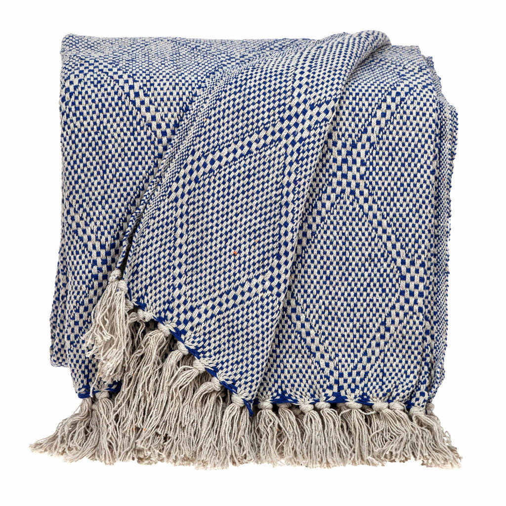 Blue and Beige Woven Handloom Throw with Tassels-Throws & Blankets-DECOROLALA