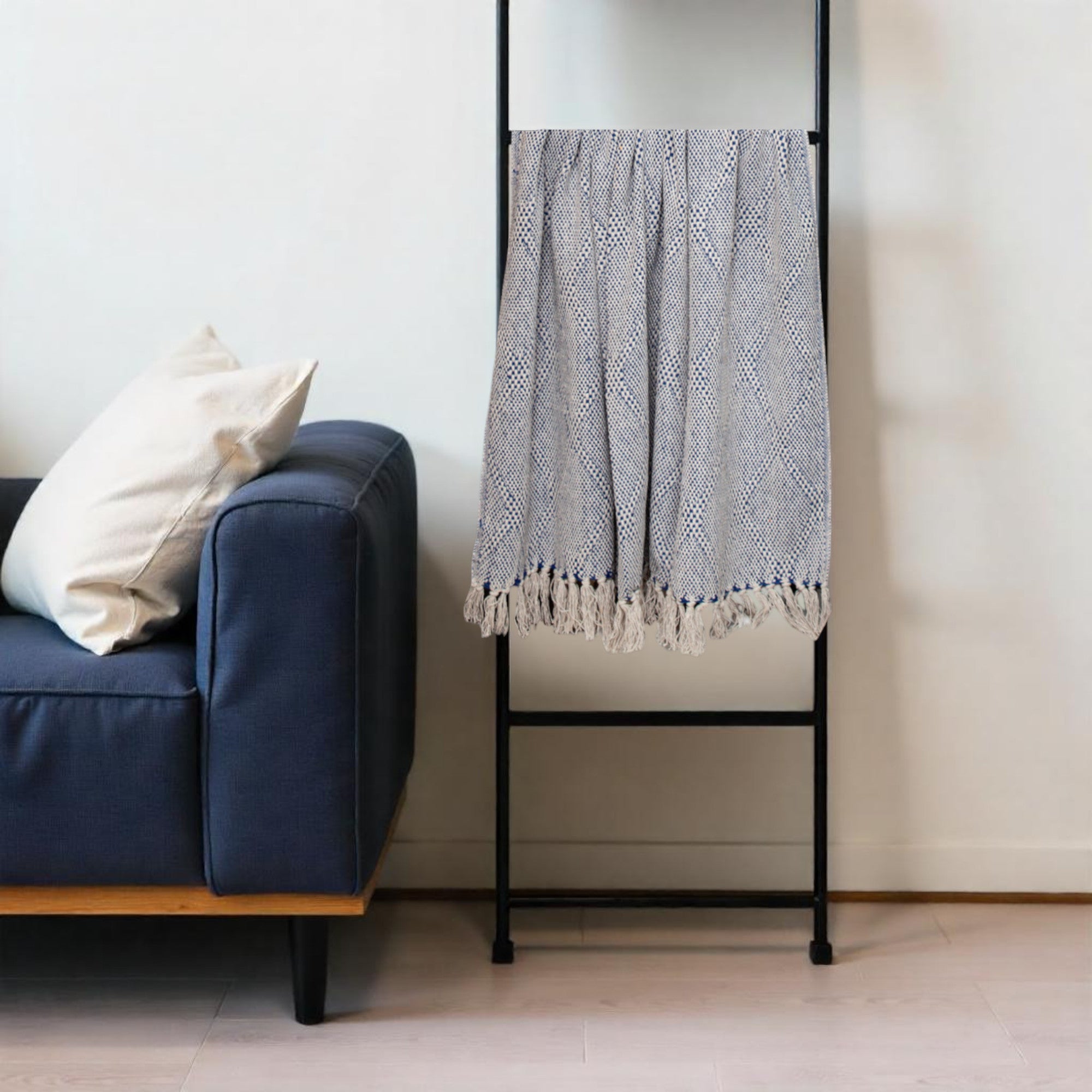 Blue and Beige Woven Handloom Throw with Tassels-Throws & Blankets-DECOROLALA