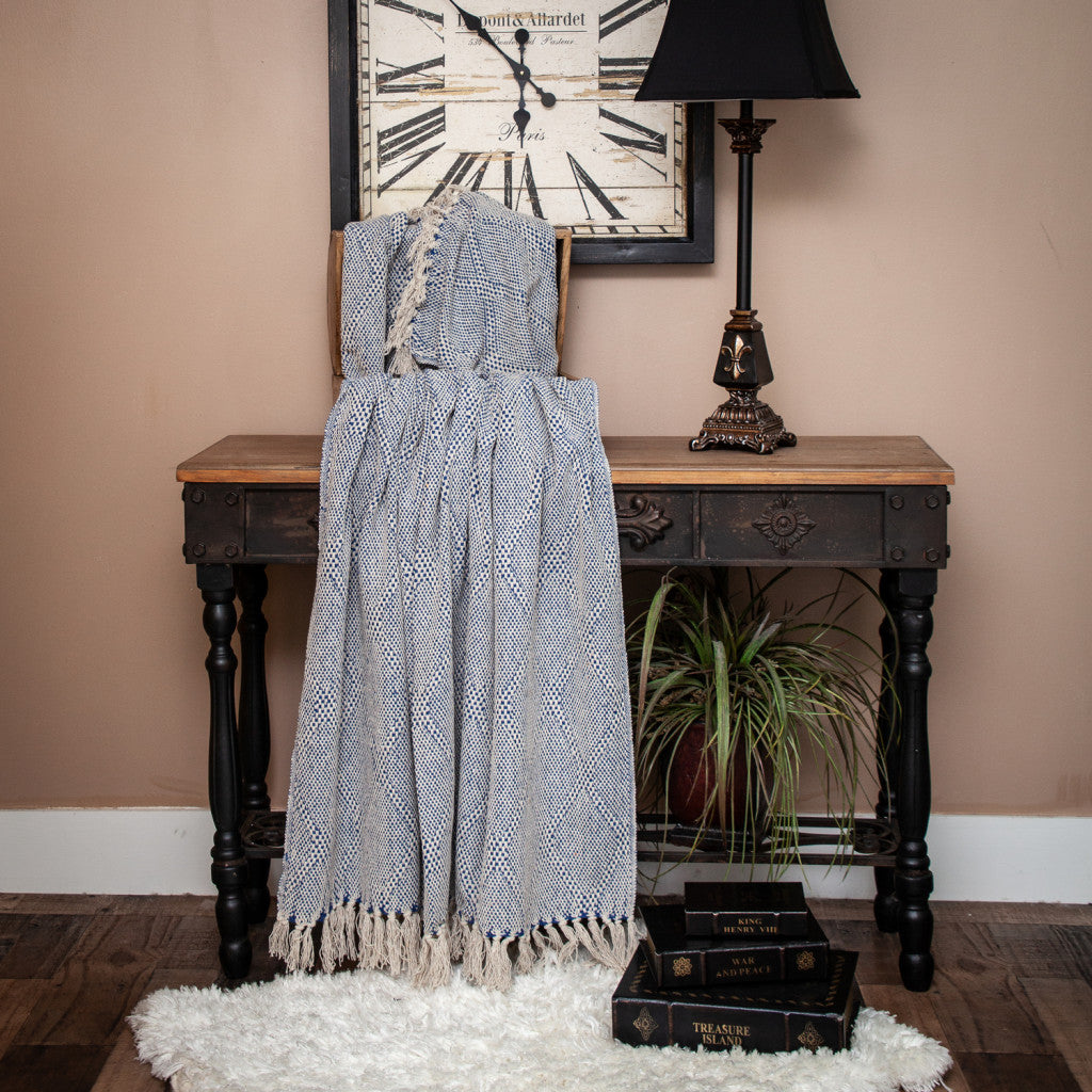 Blue and Beige Woven Handloom Throw with Tassels-Throws & Blankets-DECOROLALA