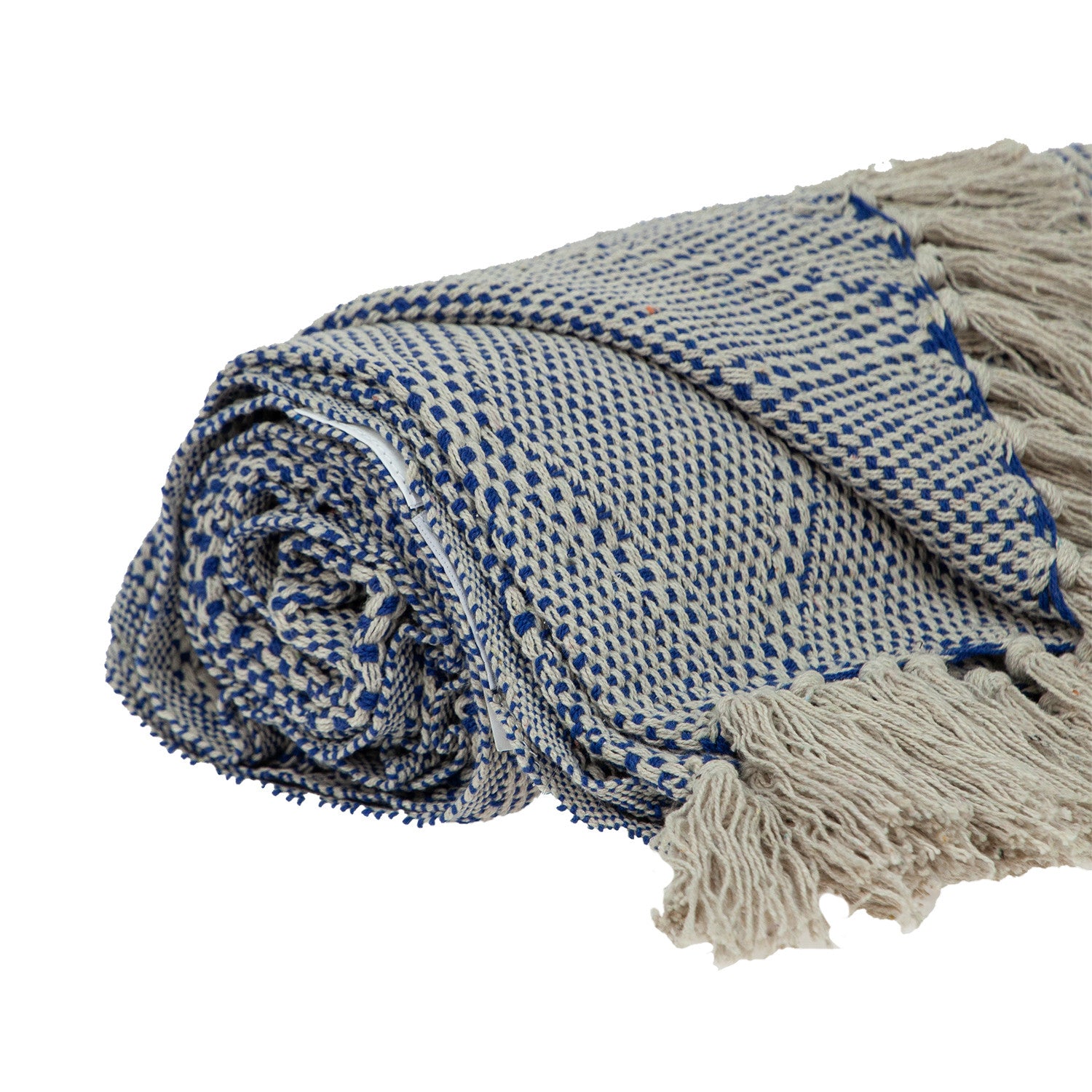 Blue and Beige Woven Handloom Throw with Tassels-Throws & Blankets-DECOROLALA