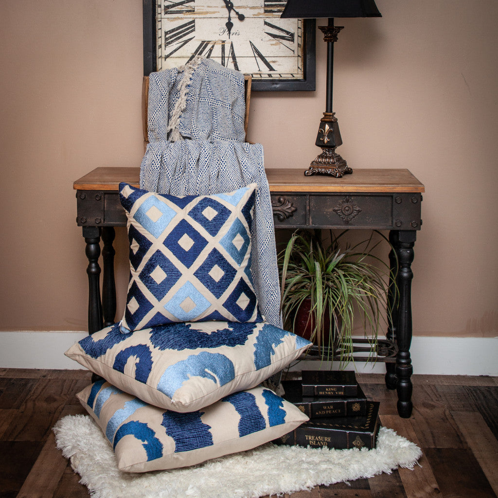 Blue and Beige Woven Handloom Throw with Tassels-Throws & Blankets-DECOROLALA