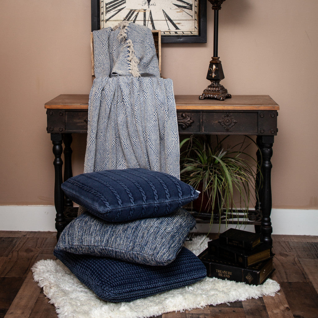 Blue and Beige Woven Handloom Throw with Tassels-Throws & Blankets-DECOROLALA