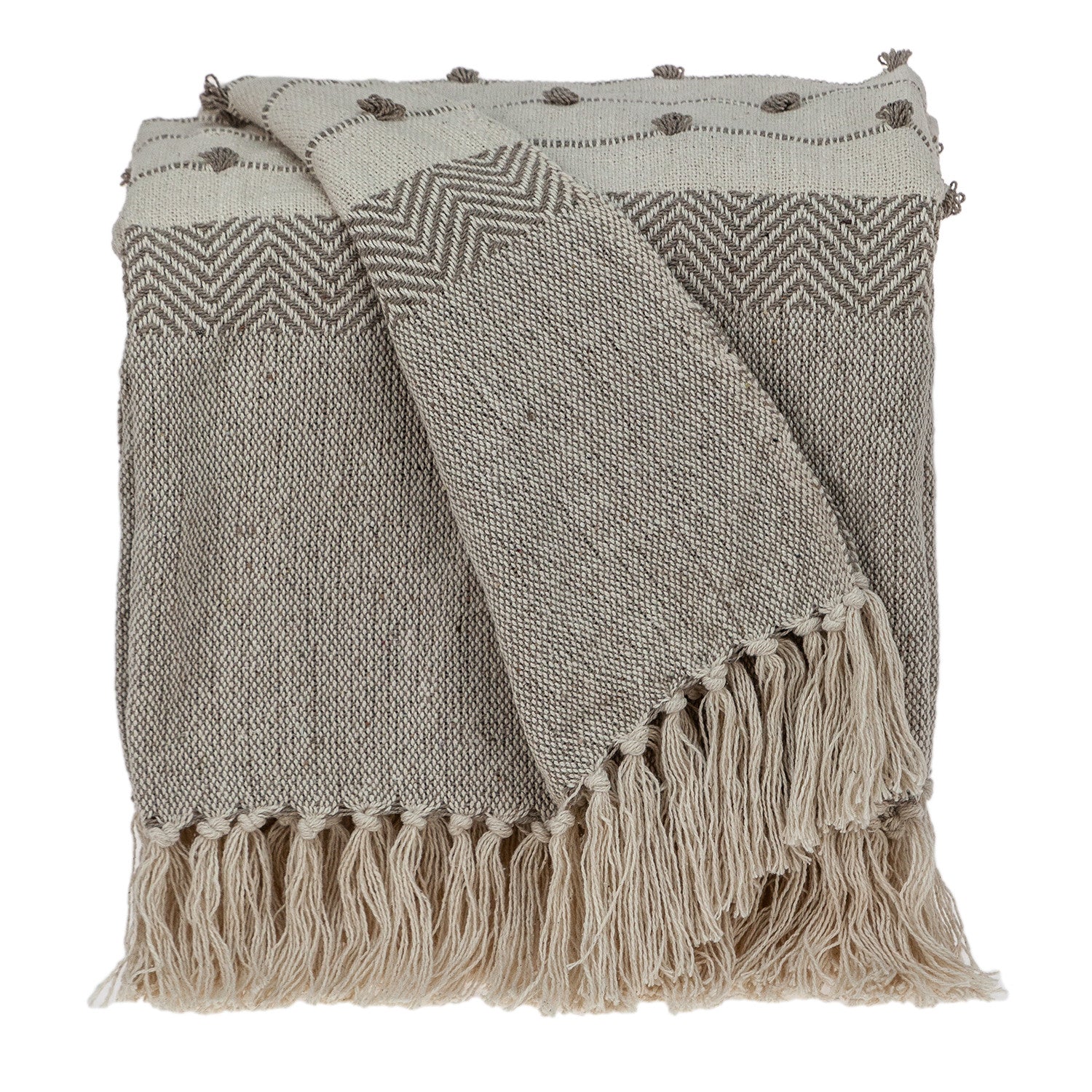 Tufted Beige Fringed Woven Handloom Throw-Throws & Blankets-DECOROLALA