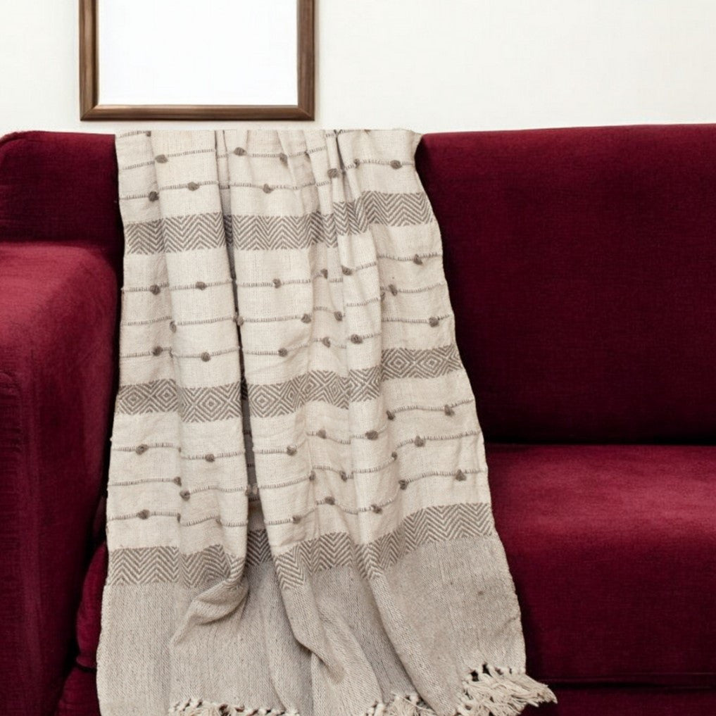 Tufted Beige Fringed Woven Handloom Throw-Throws & Blankets-DECOROLALA