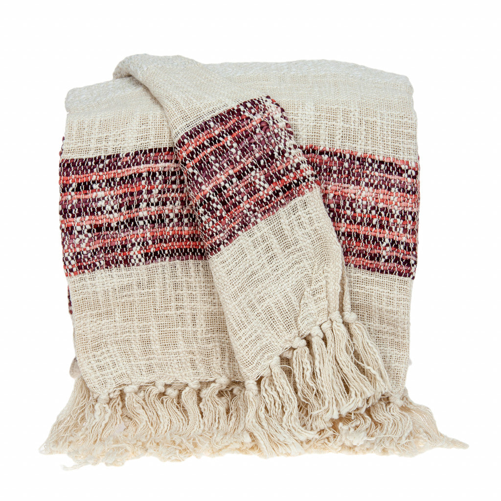 Beige and Shades of Pink Strips Woven Handloom Throw Blanket-Throws & Blankets-DECOROLALA