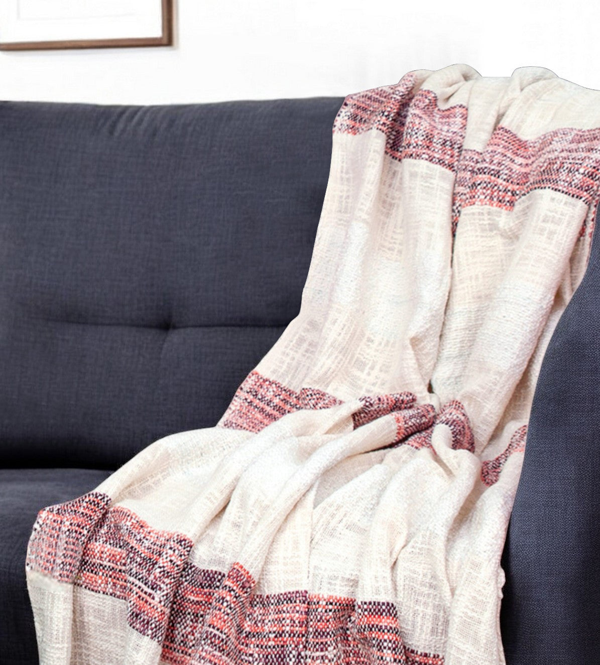 Beige and Shades of Pink Strips Woven Handloom Throw Blanket-Throws & Blankets-DECOROLALA