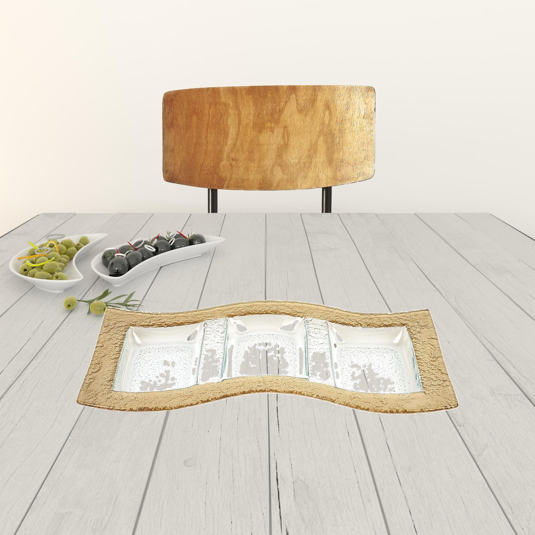 17" Clear And Gold Rectangular Glass Handmade Divided Serving Dish-Dinnerware-DECOROLALA