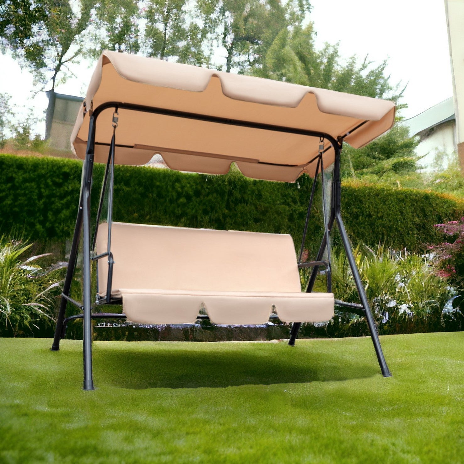 65" Beige Steel Outdoor Swing Chair with Beige Cushion-Outdoor Chairs-DECOROLALA