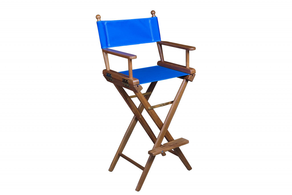 23" Blue and Brown Solid Wood Indoor Outdoor Director Chair-Outdoor Chairs-DECOROLALA