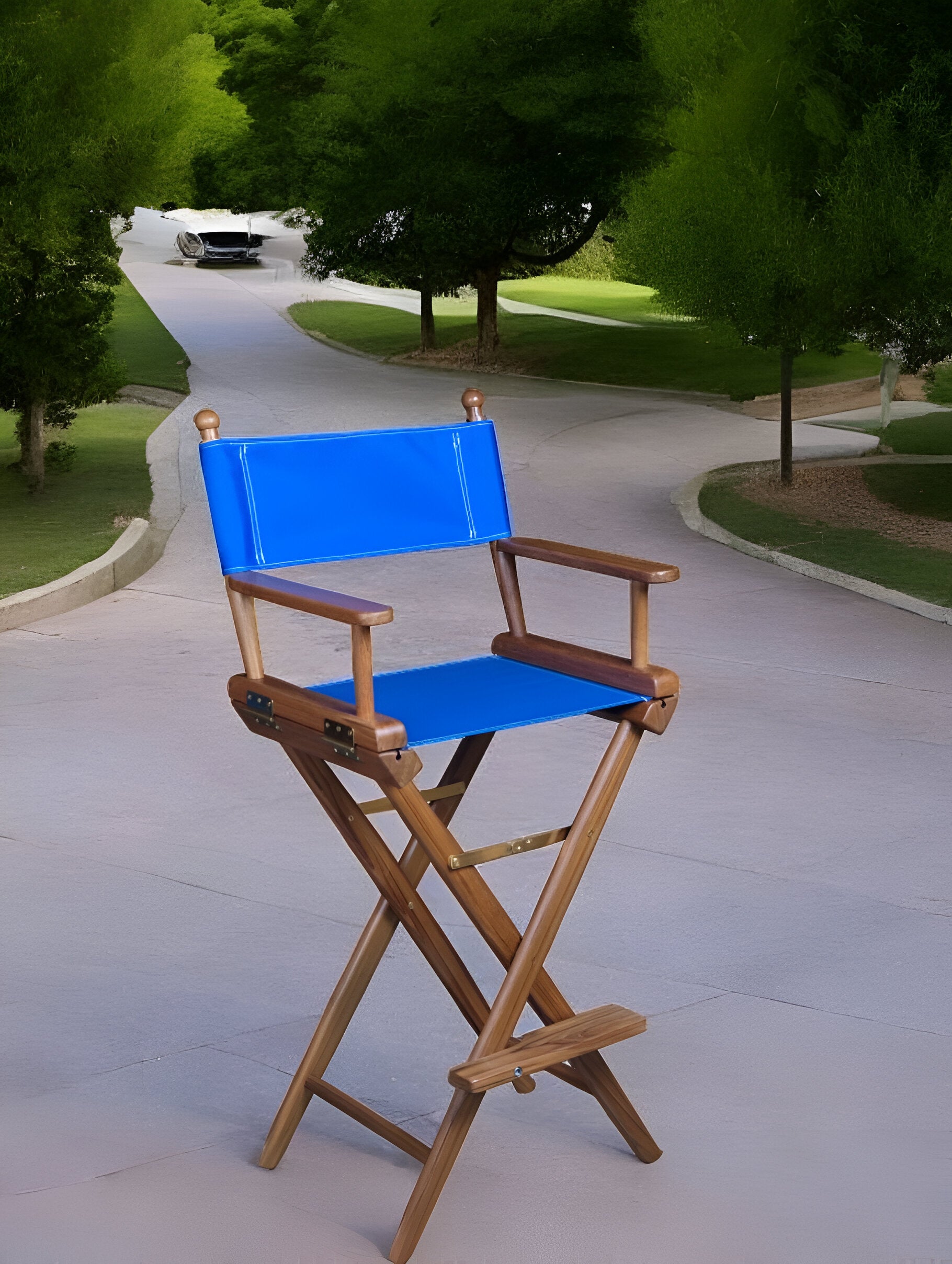 23" Blue and Brown Solid Wood Indoor Outdoor Director Chair-Outdoor Chairs-DECOROLALA