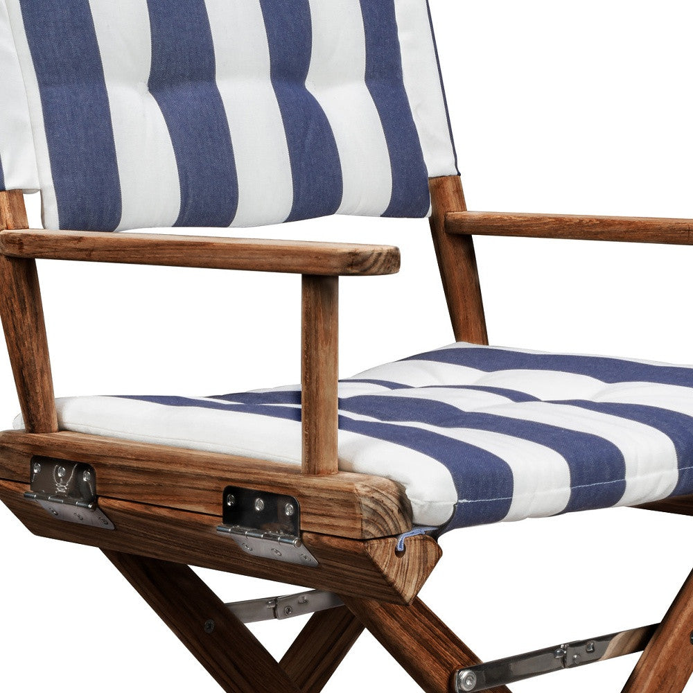 23" Blue and White and Natural Wood Solid Wood Indoor Outdoor Director Chair with Blue and White Cushion-Outdoor Chairs-DECOROLALA