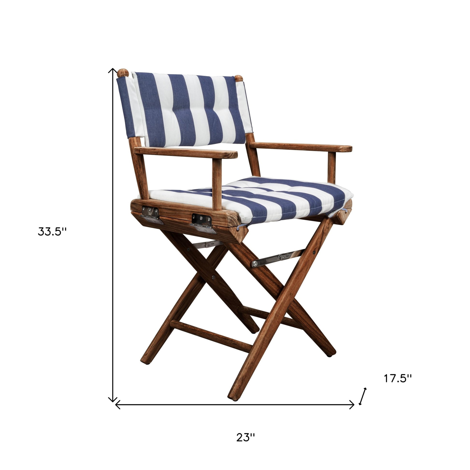 23" Blue and White and Natural Wood Solid Wood Indoor Outdoor Director Chair with Blue and White Cushion-Outdoor Chairs-DECOROLALA