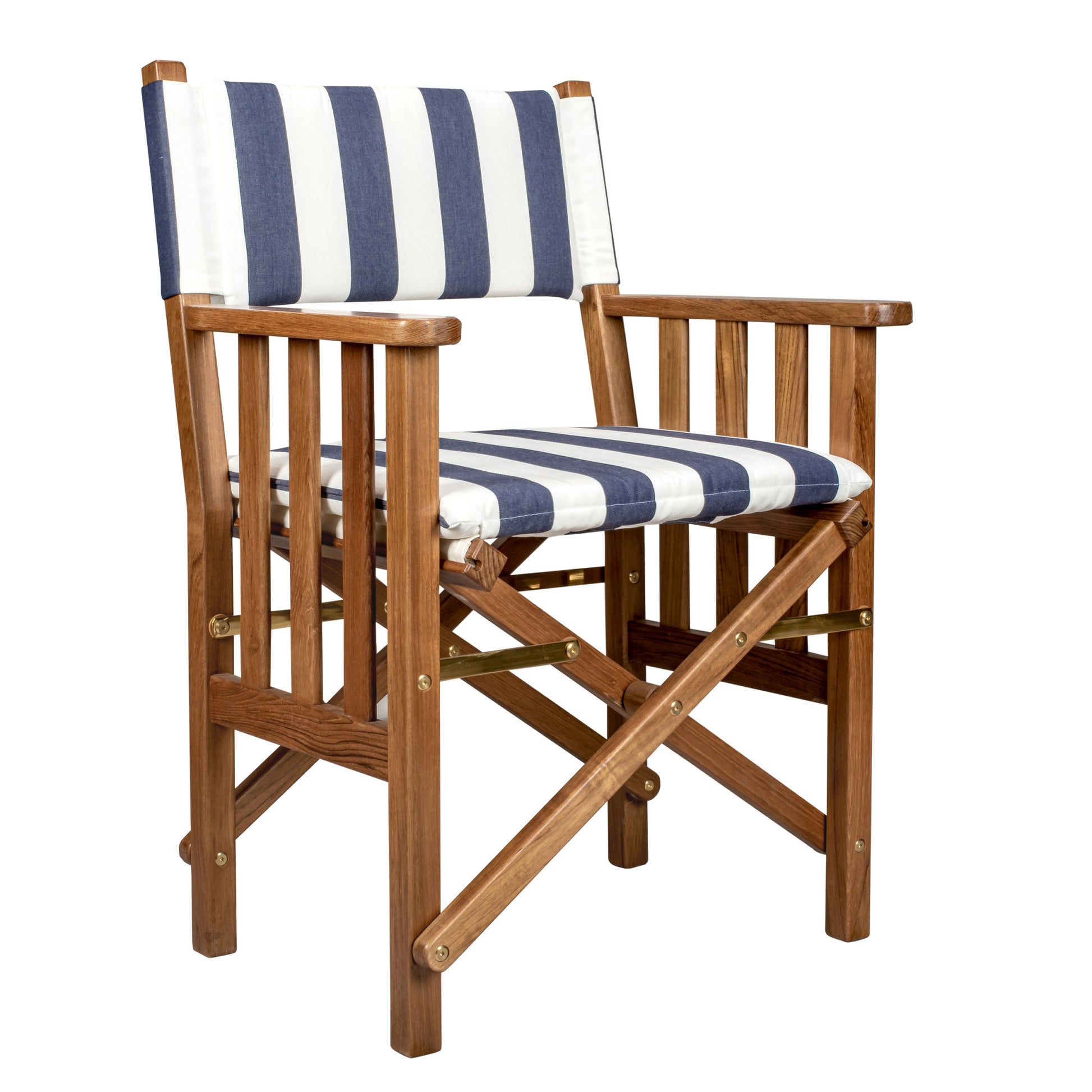 20" Blue and White and Natural Wood Solid Wood Indoor Outdoor Director Chair with Blue and White Cushion-Outdoor Chairs-DECOROLALA