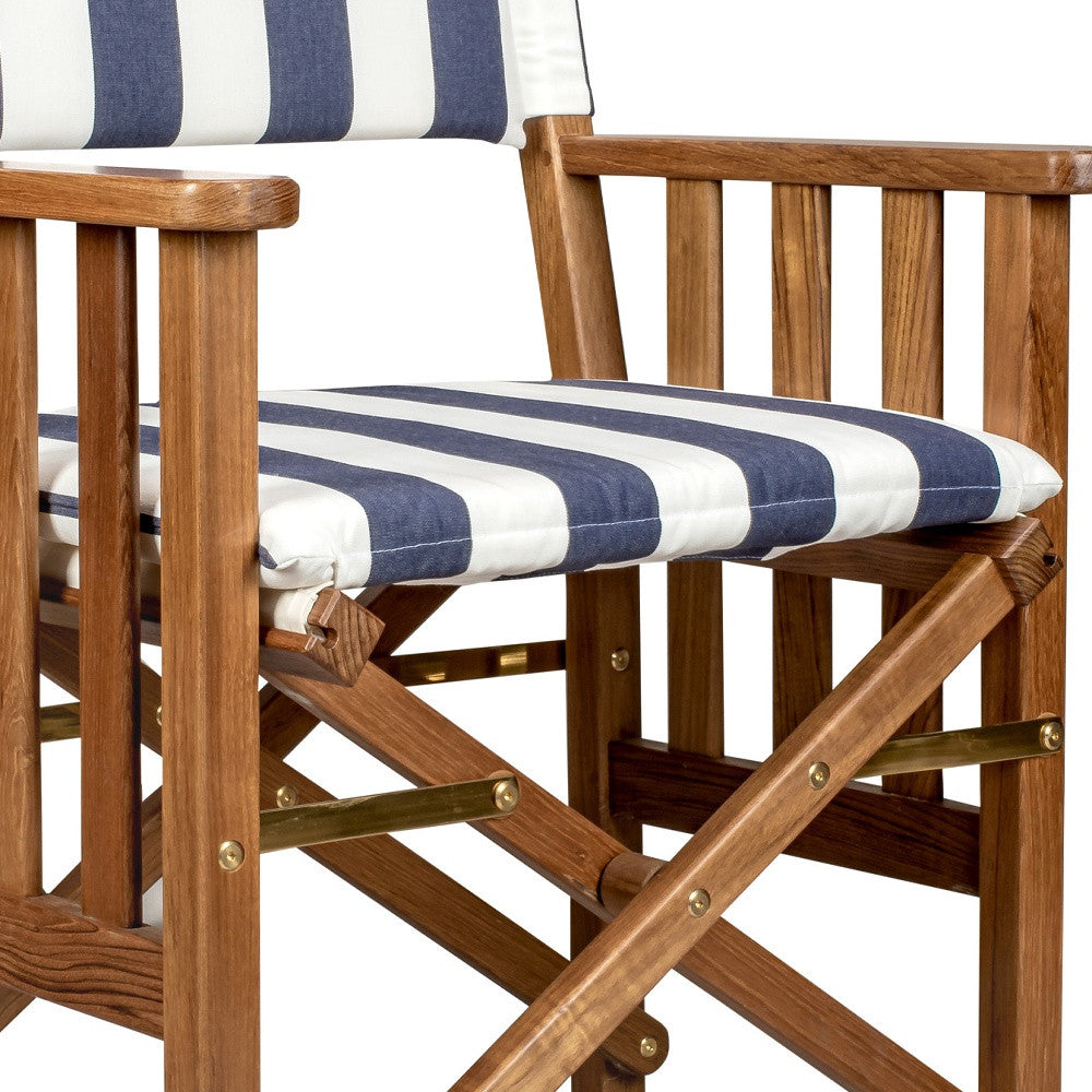 20" Blue and White and Natural Wood Solid Wood Indoor Outdoor Director Chair with Blue and White Cushion-Outdoor Chairs-DECOROLALA