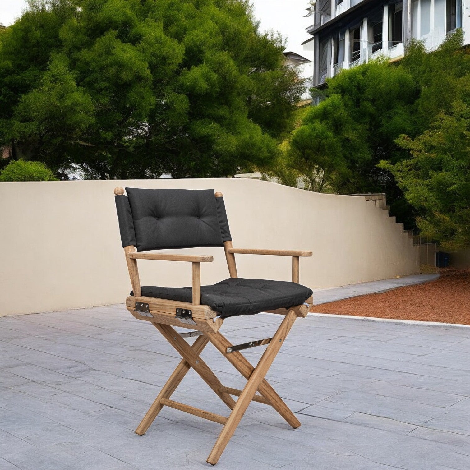 23" Black and Brown Solid Wood Indoor Outdoor Director Chair with Black Cushion-Outdoor Chairs-DECOROLALA