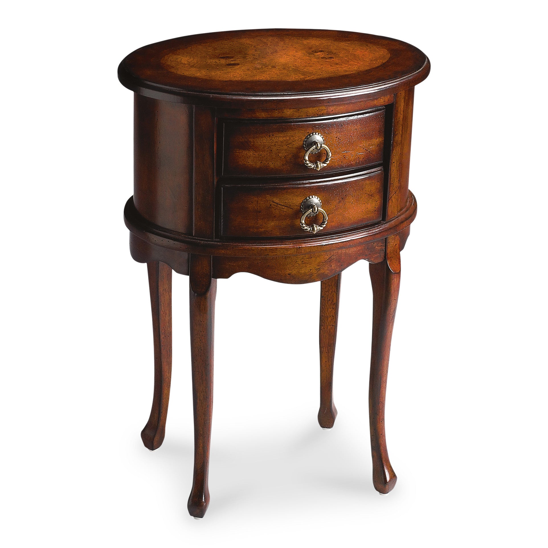 26" Dark Brown And Cherry Manufactured Wood Oval End Table With Two Drawers-End-Side Tables-DECOROLALA