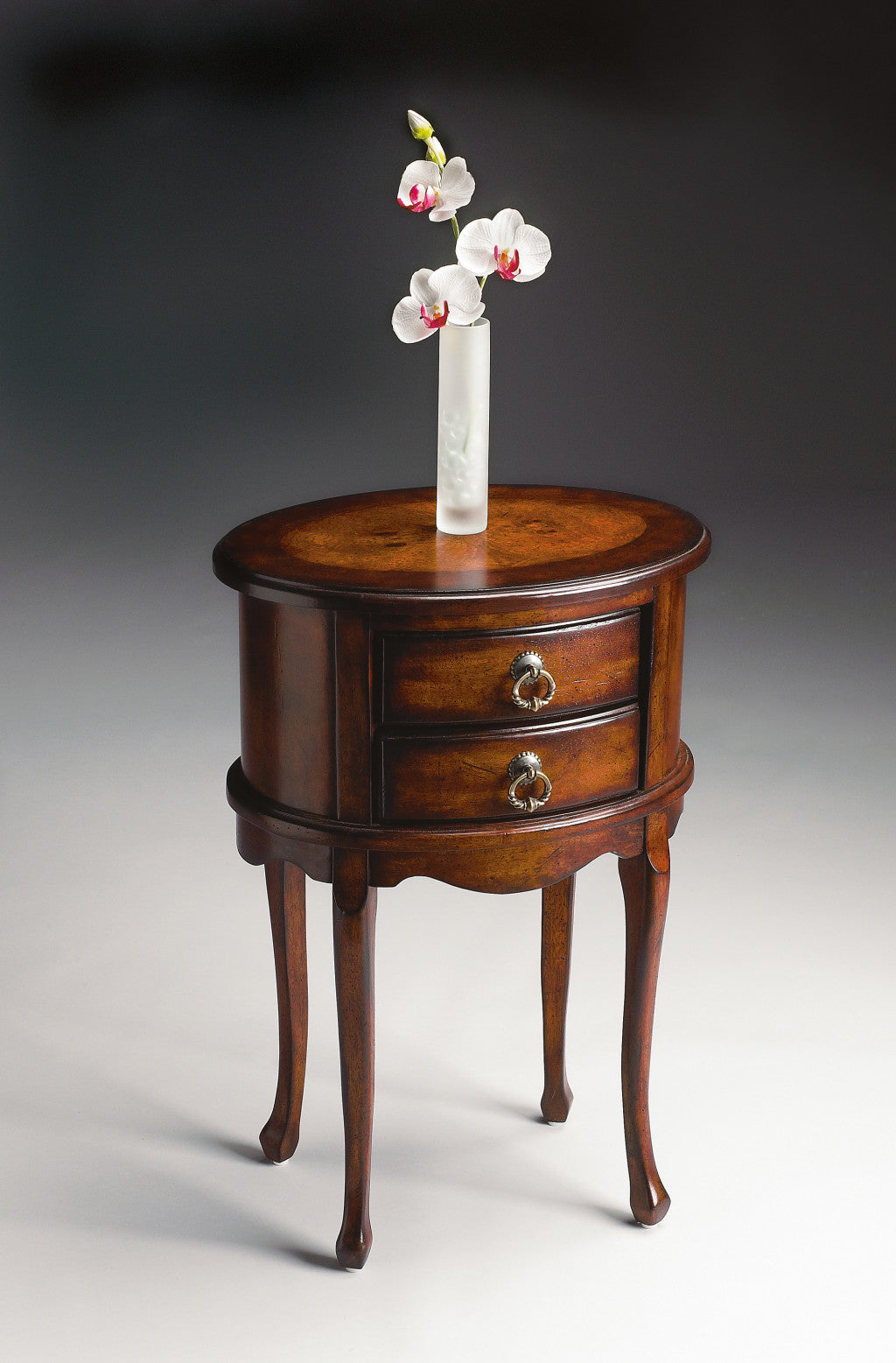 26" Dark Brown And Cherry Manufactured Wood Oval End Table With Two Drawers-End-Side Tables-DECOROLALA