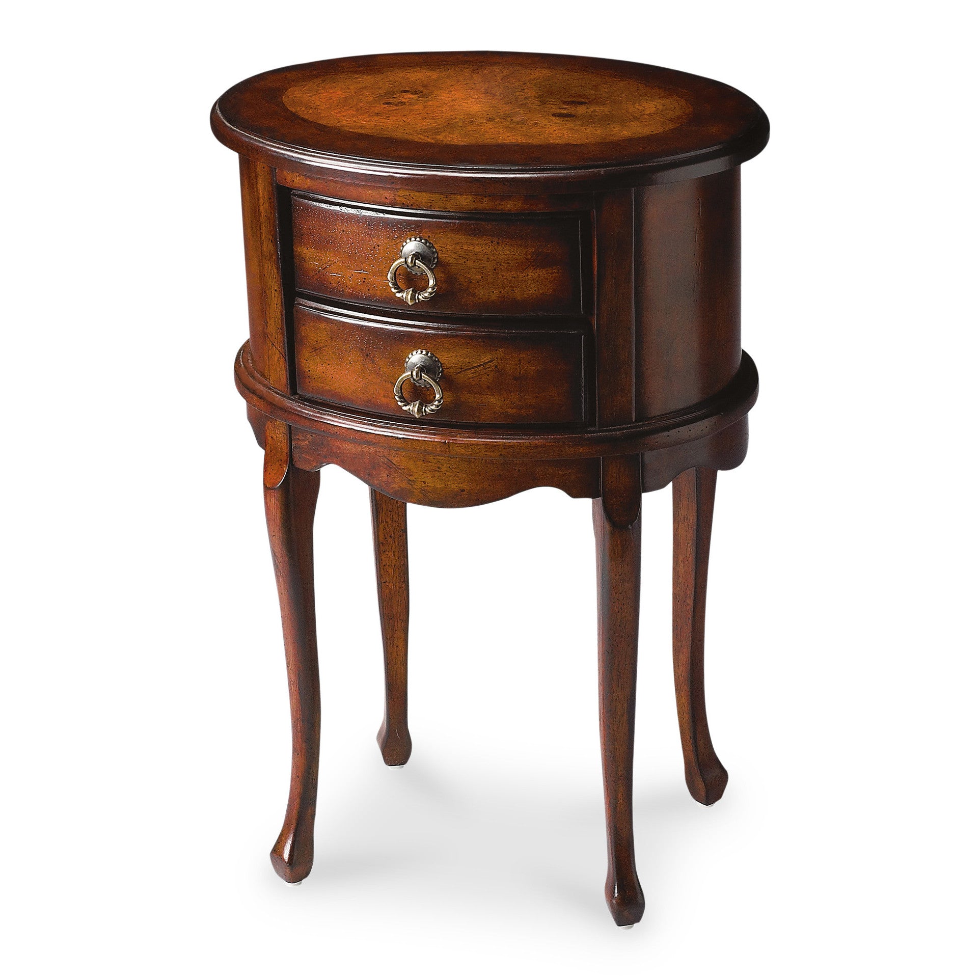 26" Dark Brown And Cherry Manufactured Wood Oval End Table With Two Drawers-End-Side Tables-DECOROLALA