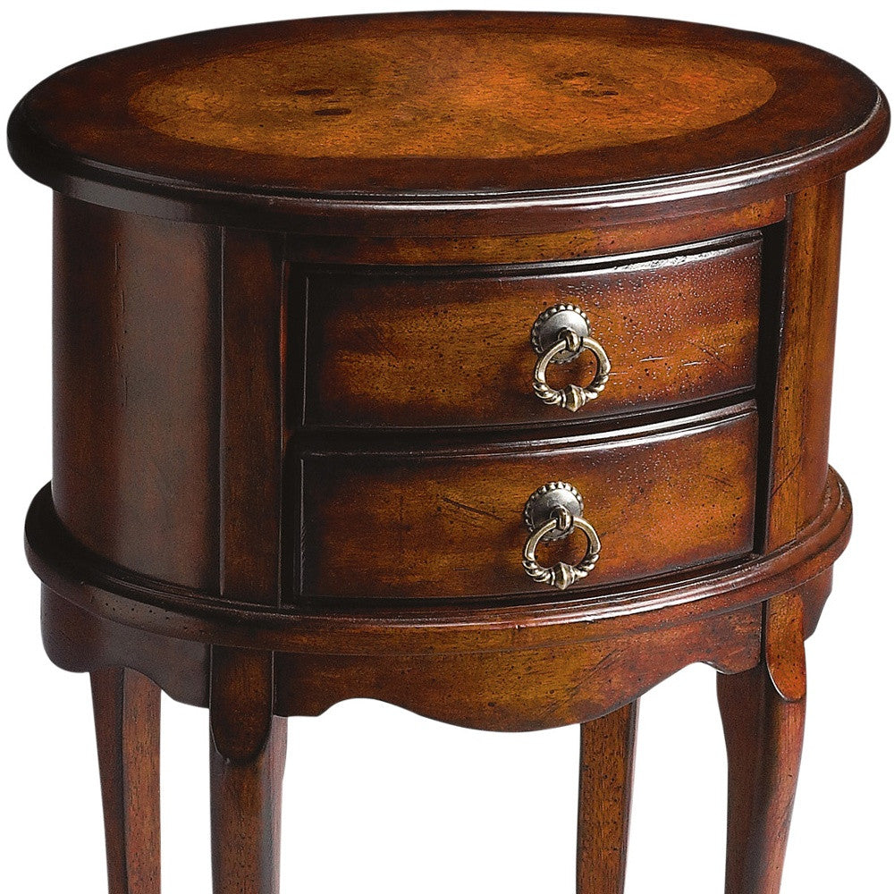 26" Dark Brown And Cherry Manufactured Wood Oval End Table With Two Drawers-End-Side Tables-DECOROLALA