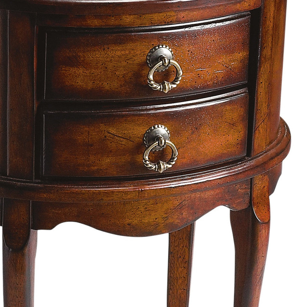 26" Dark Brown And Cherry Manufactured Wood Oval End Table With Two Drawers-End-Side Tables-DECOROLALA