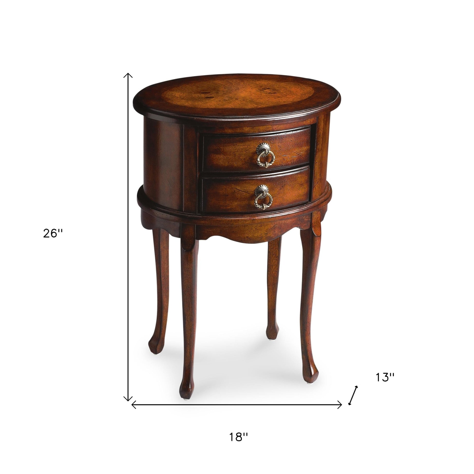 26" Dark Brown And Cherry Manufactured Wood Oval End Table With Two Drawers-End-Side Tables-DECOROLALA