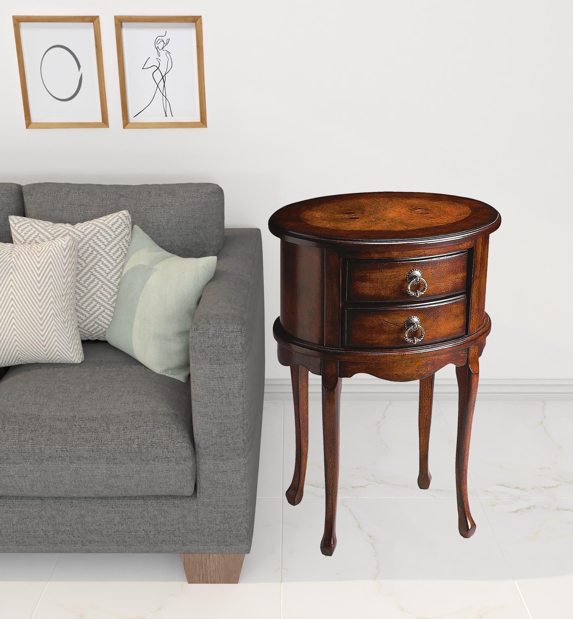26" Dark Brown And Cherry Manufactured Wood Oval End Table With Two Drawers-End-Side Tables-DECOROLALA