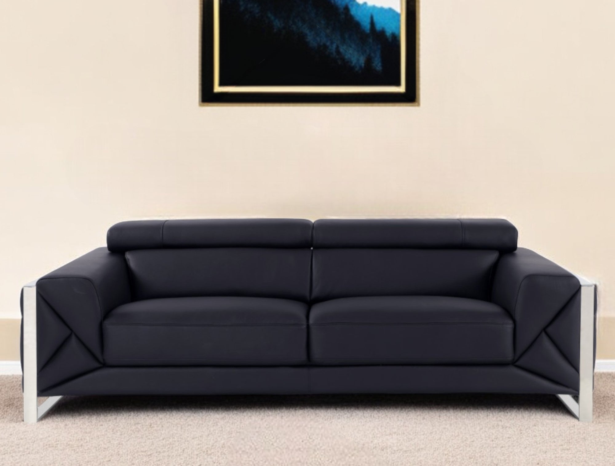 89" Black Italian Leather Sofa With Silver Legs-1