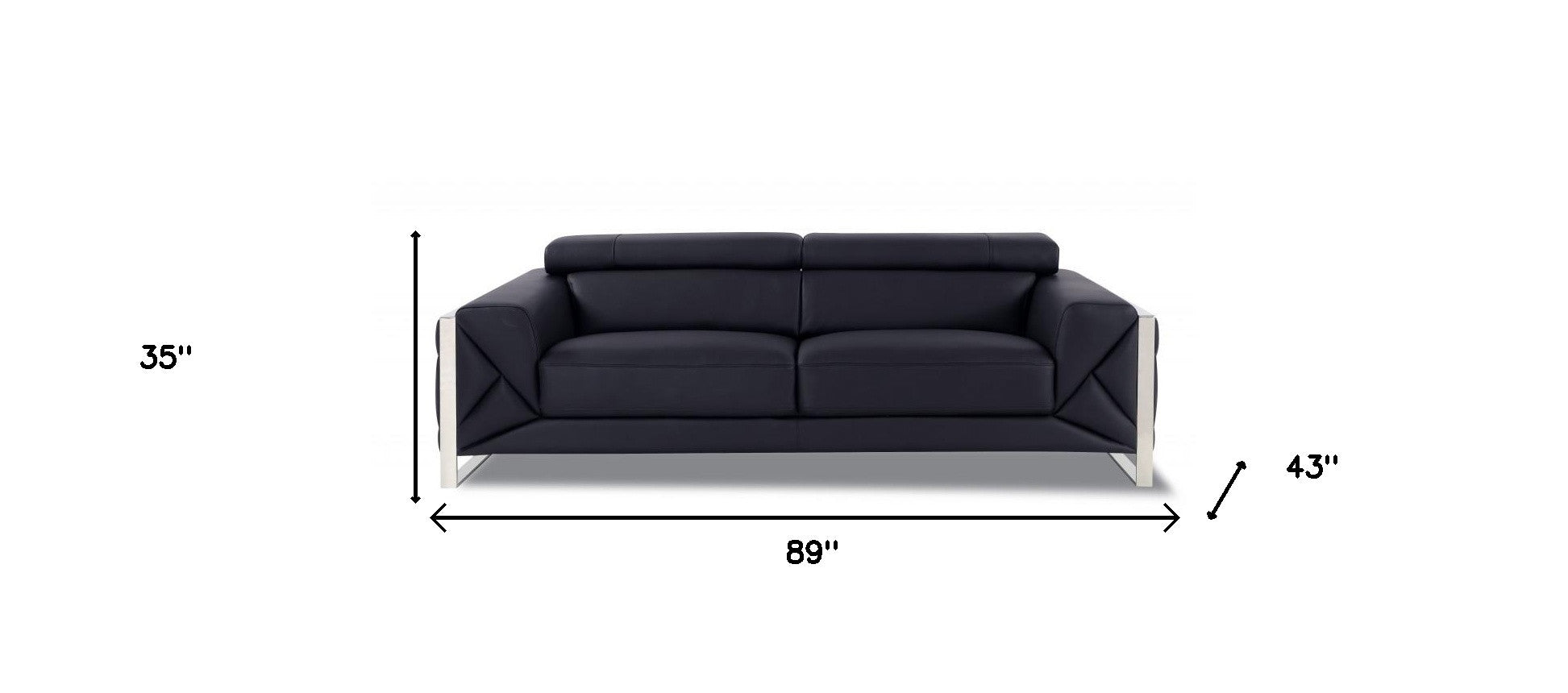 89" Black Italian Leather Sofa With Silver Legs-7