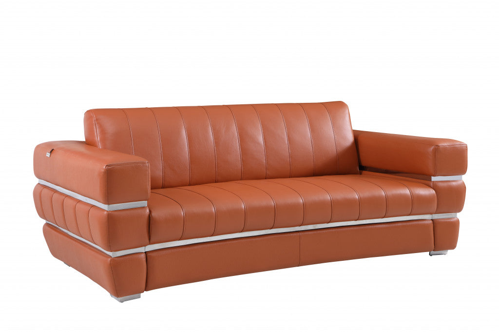 89" Camel Italian Leather Sofa With Silver Legs-2