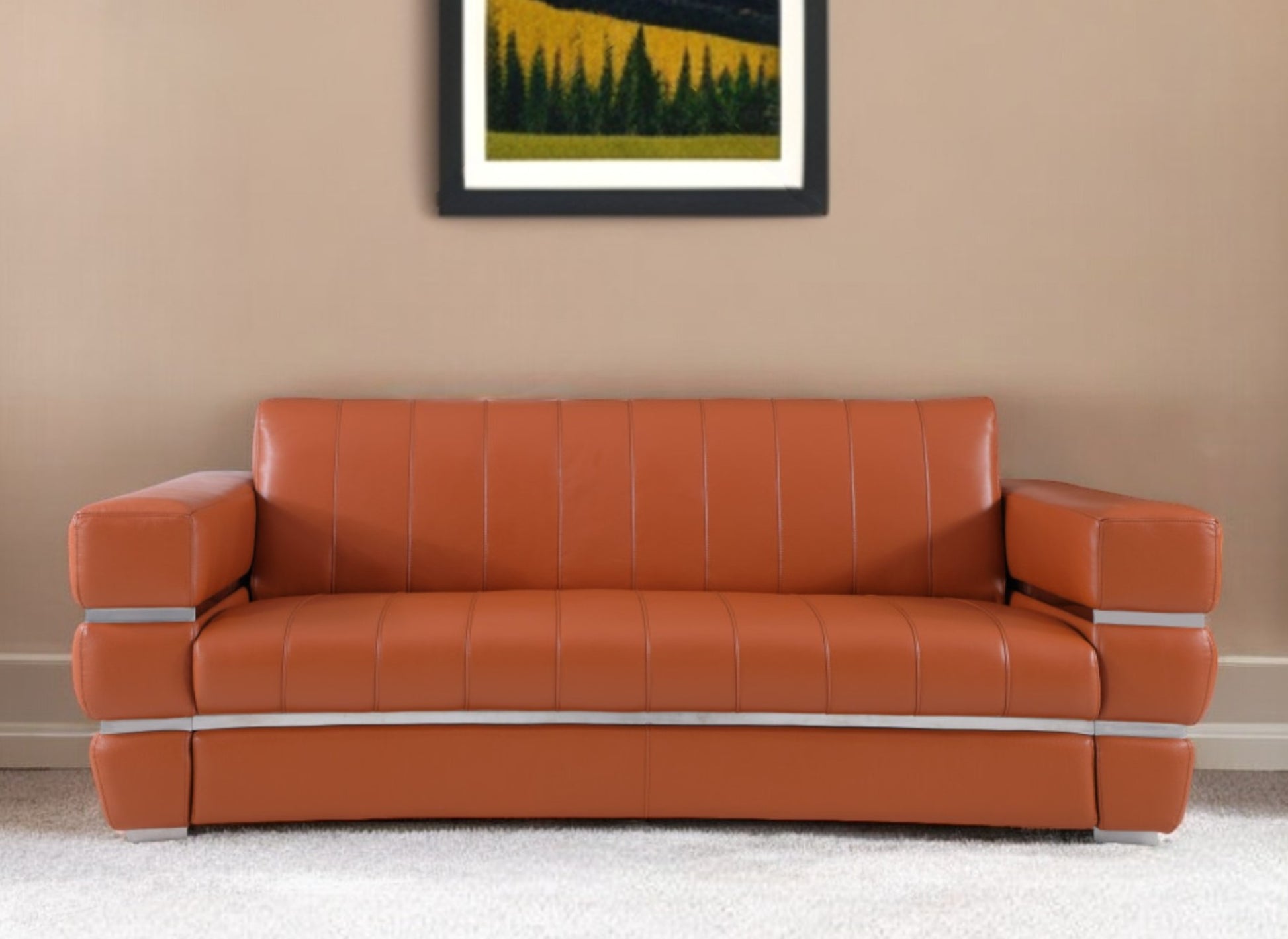 89" Camel Italian Leather Sofa With Silver Legs-0
