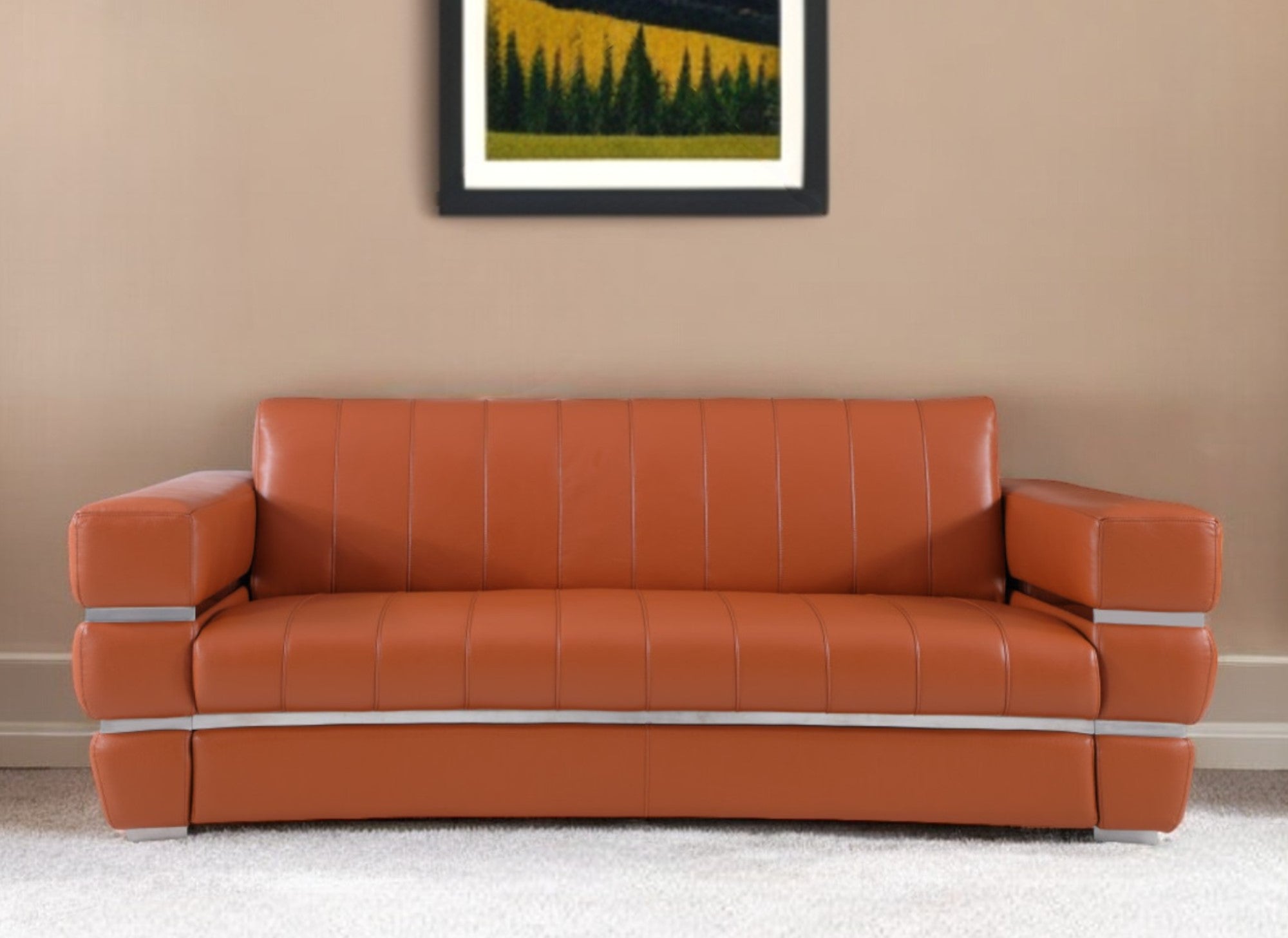 89" Camel Italian Leather Sofa With Silver Legs-0