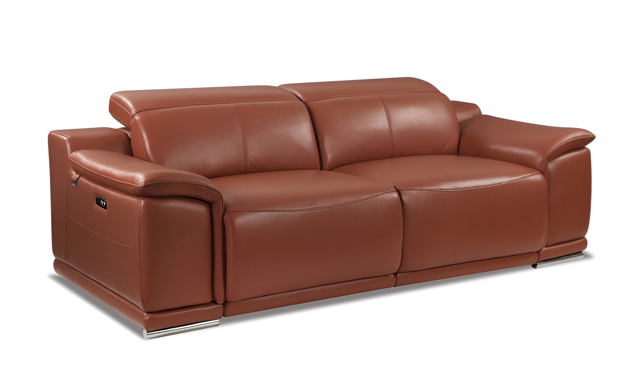 86" Camel Italian Leather USB Reclining Sofa With Silver Legs-2