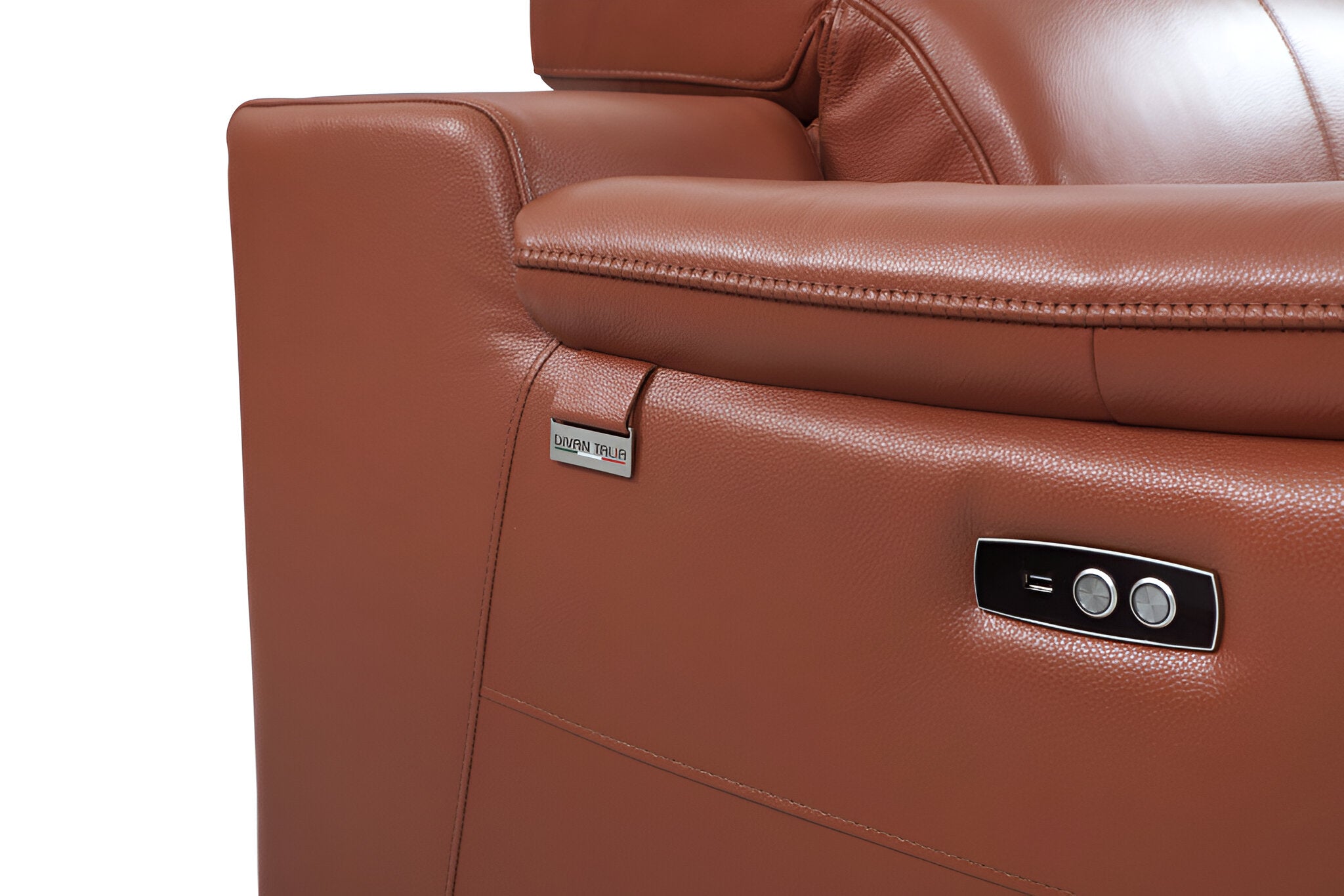 86" Camel Italian Leather USB Reclining Sofa With Silver Legs-4