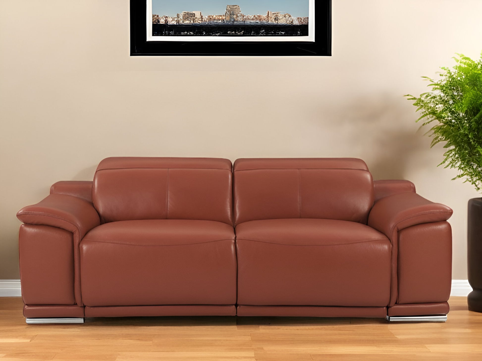 86" Camel Italian Leather USB Reclining Sofa With Silver Legs-0