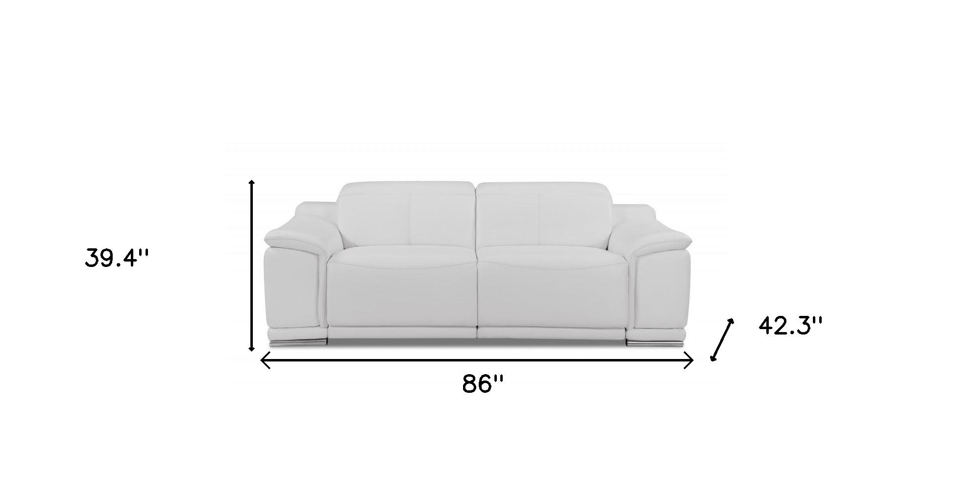 86" White Italian Leather USB Reclining Sofa With Silver Legs-7