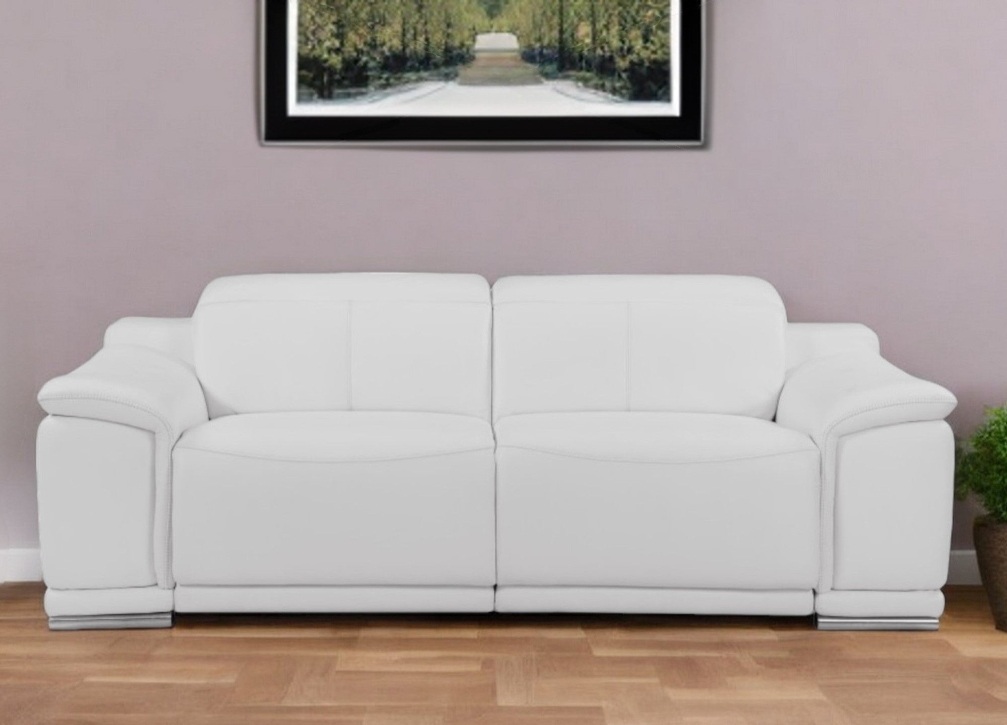 86" White Italian Leather USB Reclining Sofa With Silver Legs-0