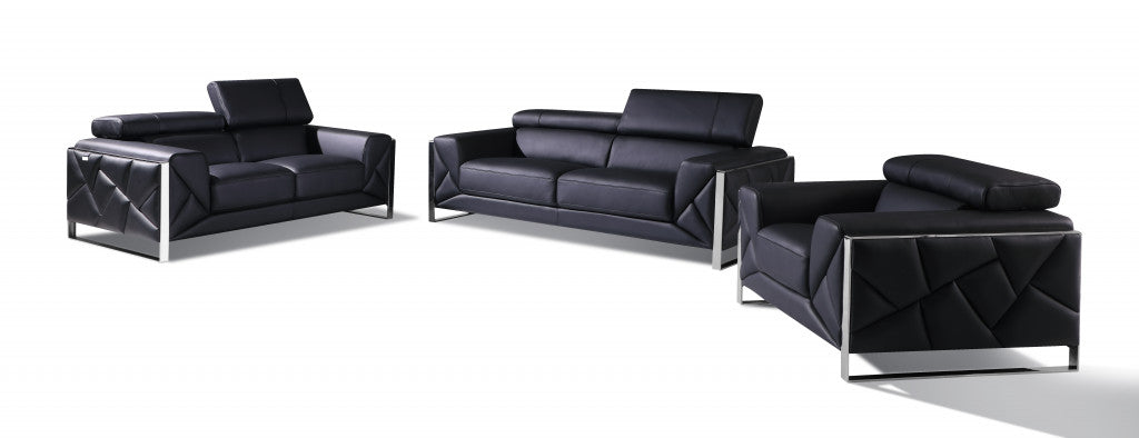 Three Piece Indoor Black Italian Leather Six Person Seating Set-Seating Sets-DECOROLALA