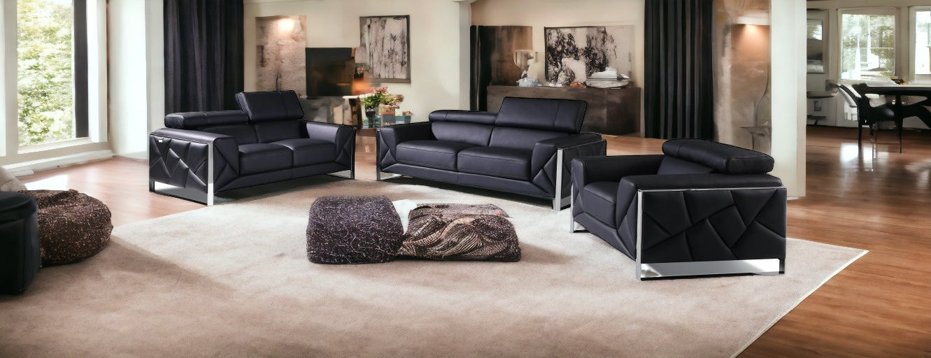 Three Piece Indoor Black Italian Leather Six Person Seating Set-Seating Sets-DECOROLALA