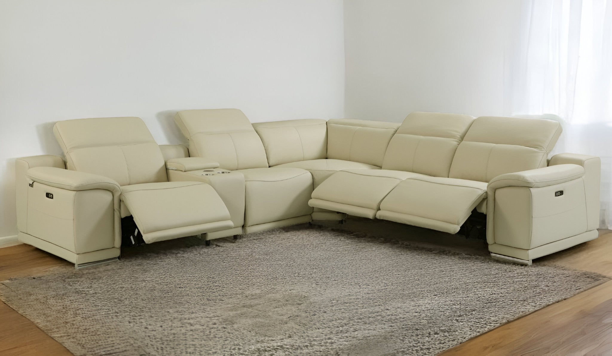 Beige Italian Leather Power Reclining U Shaped Six Piece Corner Sectional With Console-Sectionals-DECOROLALA