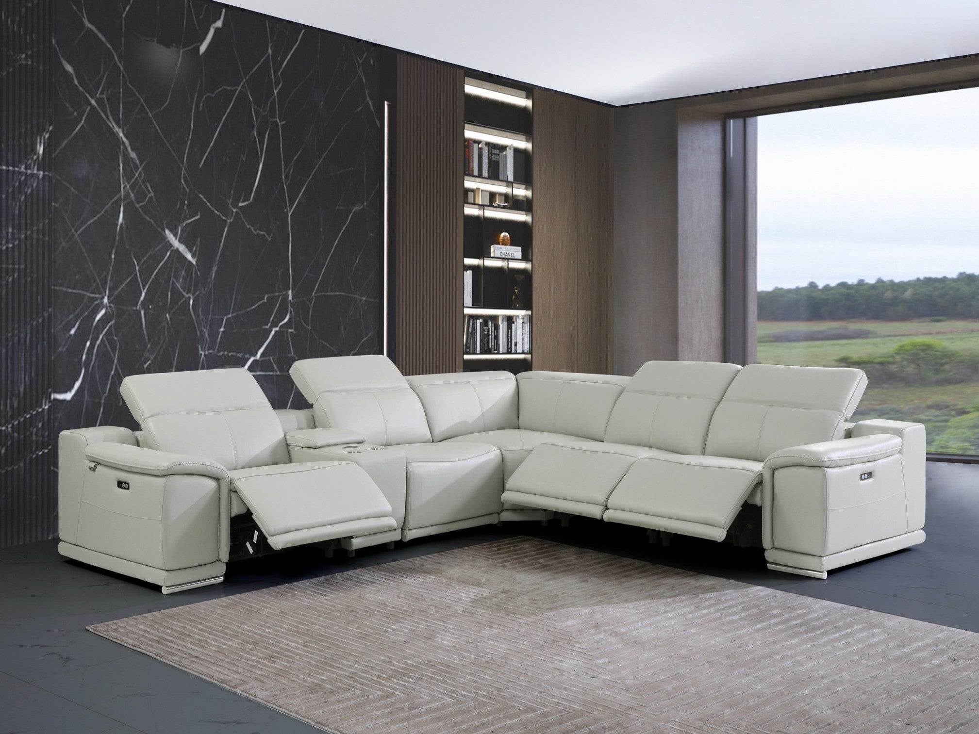 Light Gray Italian Leather Power Reclining U Shaped Six Piece Corner Sectional With Console-Sectionals-DECOROLALA