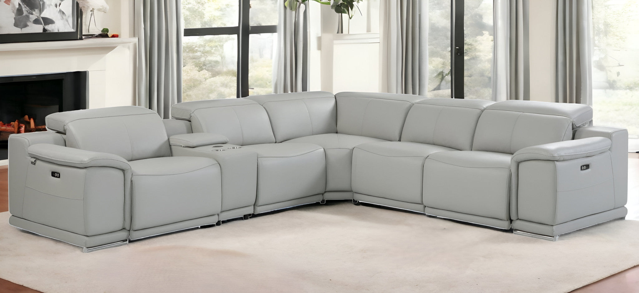 Light Gray Italian Leather Power Reclining U Shaped Six Piece Corner Sectional With Console-Sectionals-DECOROLALA
